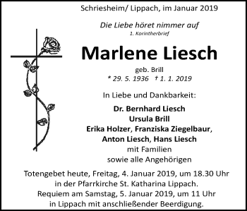 Traueranzeige von Marlene Liesch von Schwäbische Post