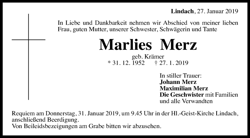  Traueranzeige für Marlies Merz vom 29.01.2019 aus Schwäbische Post