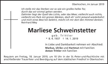 Traueranzeige von Marliese Schweinstetter von Schwäbische Post