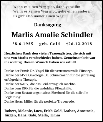 Traueranzeige von Marlis Amalie Schindler von Schwäbische Post