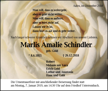 Traueranzeige von Marlis Amalie Schindler von Schwäbische Post
