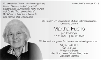 Traueranzeige von Martha Fuchs von Schwäbische Post