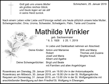 Traueranzeige von Mathilde Winkler von Schwäbische Post