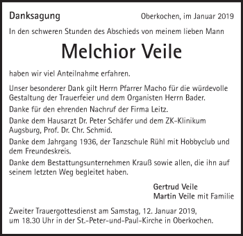 Traueranzeige von Melchior Veile von Amtsblatt_Oko