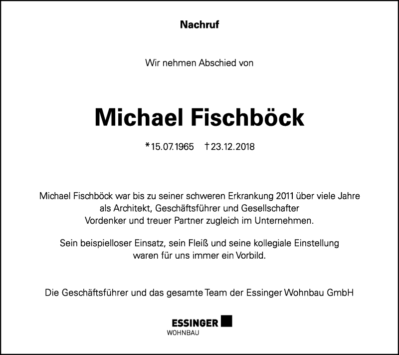  Traueranzeige für Michael Fischböck vom 09.01.2019 aus Schwäbische Post