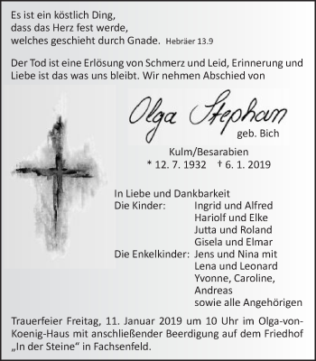 Traueranzeige von Olga Stephan von Schwäbische Post