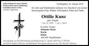Traueranzeige von Ottilie Kunz von Gmünder Tagespost