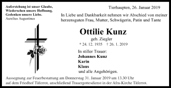 Traueranzeige von Ottilie Kunz