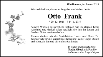 Traueranzeige von Otto Frank von Gmünder Tagespost