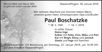 Traueranzeige von Paul Boschatzke von Schwäbische Post
