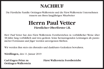 Traueranzeige von Paul Vetter von Schwäbische Post