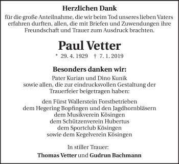 Traueranzeige von Paul Vetter von Schwäbische Post