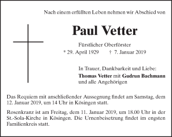 Traueranzeige von Paul Vetter von Schwäbische Post