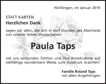 Traueranzeige von Paula Taps von Schwäbische Post