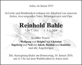 Traueranzeige von Reinhold Bahle von Schwäbische Post