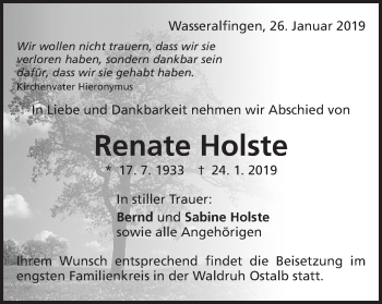 Traueranzeige von Renate Holste von Schwäbische Post