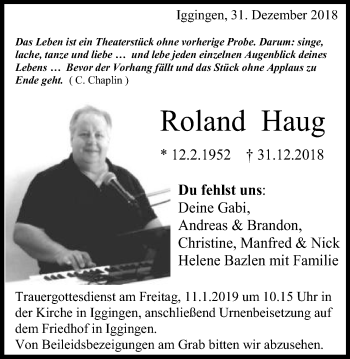 Traueranzeige von Roland Haug von Gmünder Tagespost