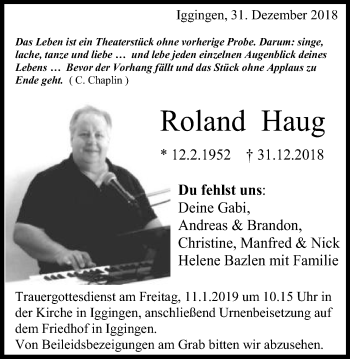 Traueranzeige von Roland Haug