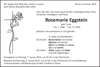 Traueranzeige von Rosemarie Eggstein von Schwäbische Post