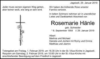 Traueranzeige von Rosemarie Hänle von Schwäbische Post