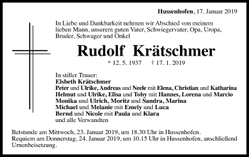 Traueranzeige von Rudolf Krätschmer von Gmünder Tagespost