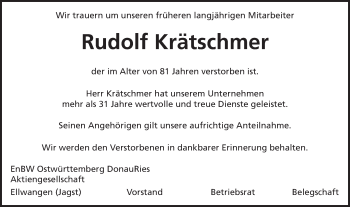 Traueranzeige von Rudolf Krätschmer von Gmünder Tagespost