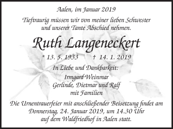 Traueranzeige von Ruth Langeneckert von Schwäbische Post