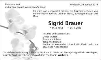 Traueranzeige von Sigrid Brauer von Schwäbische Post