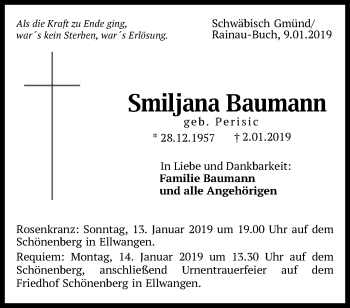 Traueranzeige von Smiljana Baumann von Gmünder Tagespost