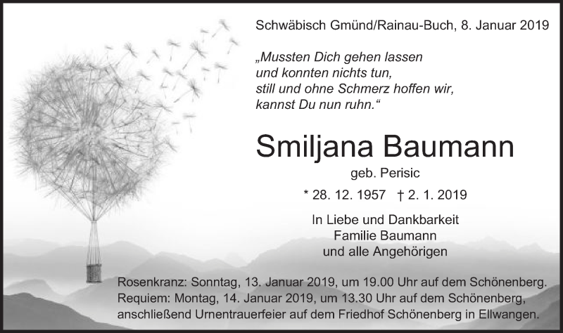 Traueranzeige für Smiljana Baumann vom 08.01.2019 aus Schwäbische Post