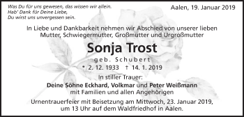 Traueranzeige von Sonja Trost von Schwäbische Post