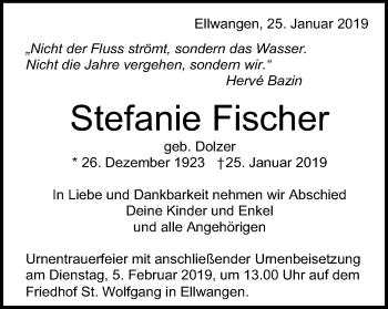 Traueranzeige von Stefanie Fischer von Schwäbische Post