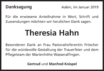 Traueranzeige von Theresia Hahn von Schwäbische Post