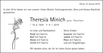 Traueranzeige von Theresia Minich von Schwäbische Post