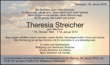 Traueranzeige von Theresia Streicher von Schwäbische Post