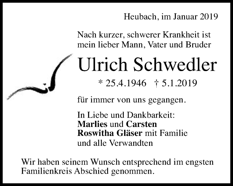  Traueranzeige für Ulrich Schwedler vom 12.01.2019 aus Gmünder Tagespost