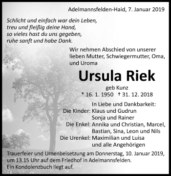 Traueranzeige von Ursula Riek von Schwäbische Post