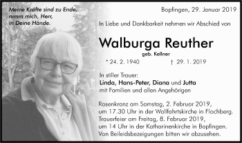 Traueranzeige von Walburga Reuther von Schwäbische Post