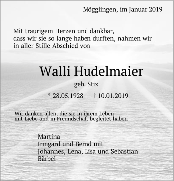 Traueranzeige von Walli Hudelmaier von Gmünder Tagespost