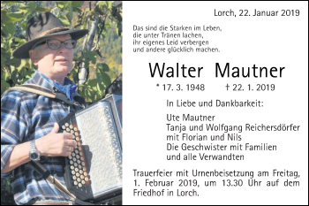 Traueranzeige von Walter Mautner von Gmünder Tagespost