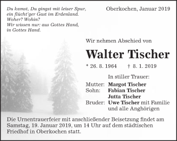 Traueranzeige von Walter Tischer von Schwäbische Post