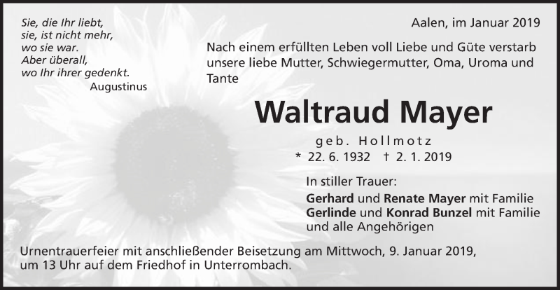  Traueranzeige für Waltraud Mayer vom 05.01.2019 aus Schwäbische Post
