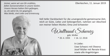 Traueranzeige von Waltraud Schwarz von Schwäbische Post