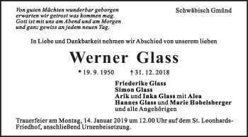 Traueranzeige von Werner Glass von Gmünder Tagespost