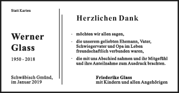 Traueranzeige von Werner Glass von Gmünder Tagespost