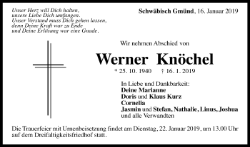 Traueranzeige von Werner Knöchel von Gmünder Tagespost