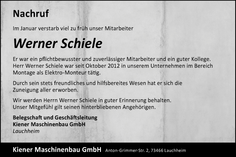  Traueranzeige für Werner Schiele vom 26.01.2019 aus Schwäbische Post