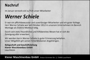 Traueranzeige von Werner Schiele von Schwäbische Post