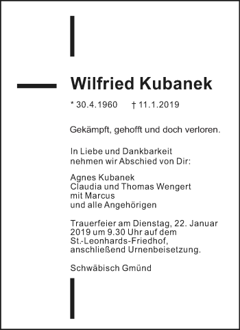 Traueranzeige von Wilfried Kubanek von Gmünder Tagespost