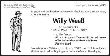 Traueranzeige von Willy Weeß von Schwäbische Post